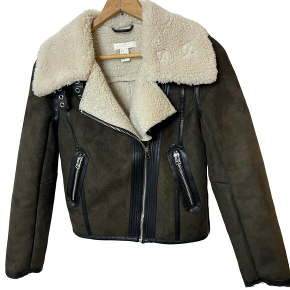 H&M Sherpa Fuax Suede Moto BIker Jacket Olive Green Zip Up Womens 2 - Picture 3 of 9